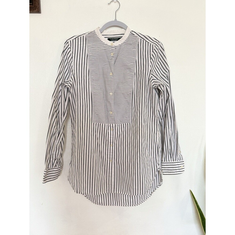 Lauren Ralph Lauren Women’s White Black Striped Collared Button-Up Shirt